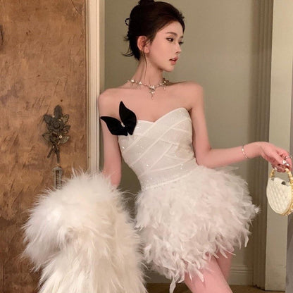 Sexy tube top dress female summer celebrity white birthday dress skirt temperament slim waist furry skirt