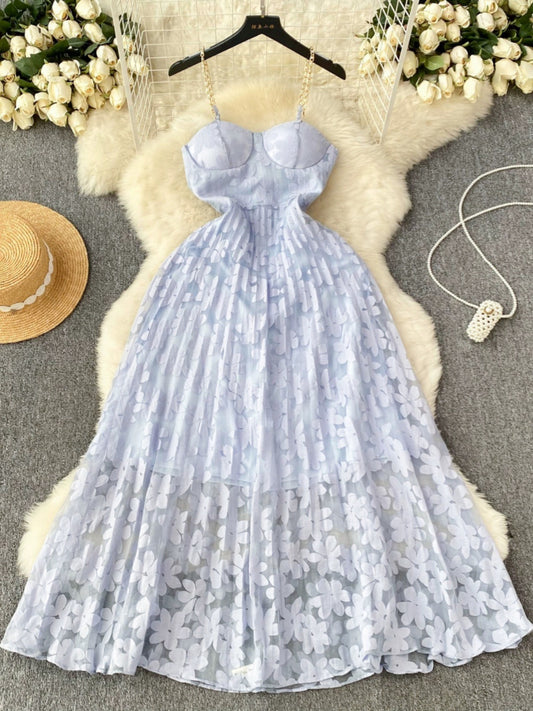 French retro lady style floral suspender tube top dress for women, mesh waist design, super fairy temperament long skirt