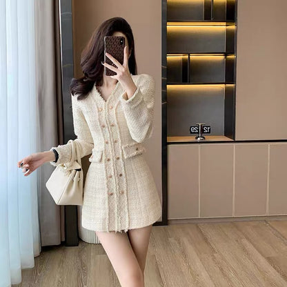Small V-neck fringed design double-breasted waist long-sleeved tweed dress for women autumn and winter woolen skirt