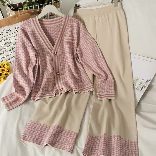 Suit women's 2023 autumn striped houndstooth low-neck single-breasted long-sleeved sweater drapey high-waisted wide-leg pants trendy