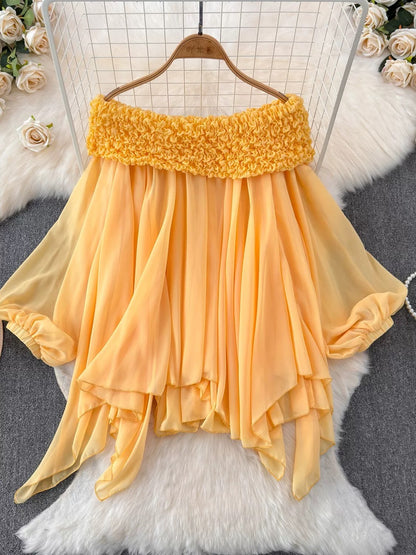 Fairy tops are super sweet and heavy pleated with off-shoulder neckline, pure French puff sleeves, irregular chiffon shirt