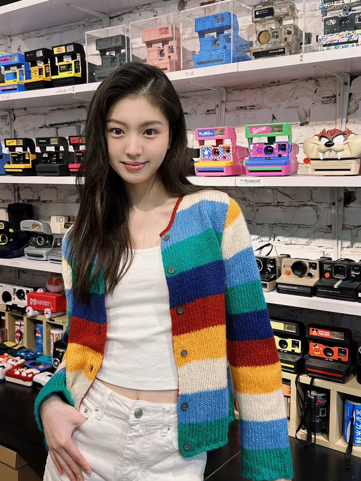 Dopamine color contrast rainbow striped knitted cardigan sweet slim sweater short coat early autumn new women's clothing