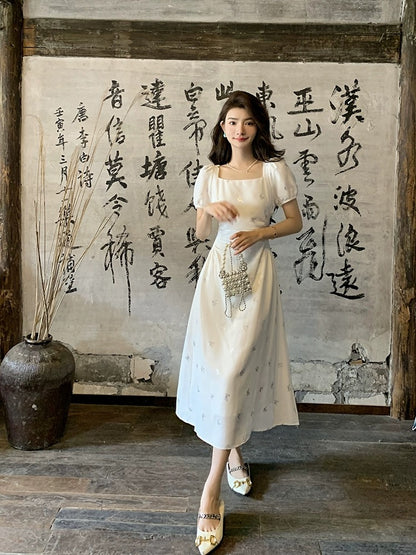 Deng Liuliu French elegant temperament white dress women's summer high-end designer style slim and slim long skirt