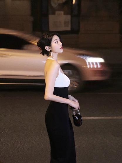 Thirteen and Little Halter Neck Dress Women Summer Contrast Color Dew Backpack Hip Sexy Pure Desire Temperament Slim Skirt