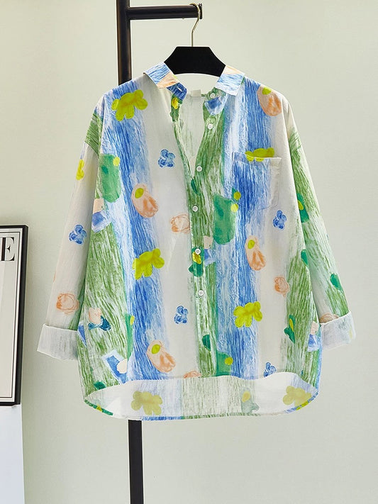 Literary hand-painted printed cotton shirt 2024 spring and summer new style lapel cardigan long-sleeved female sweet top loose shirt