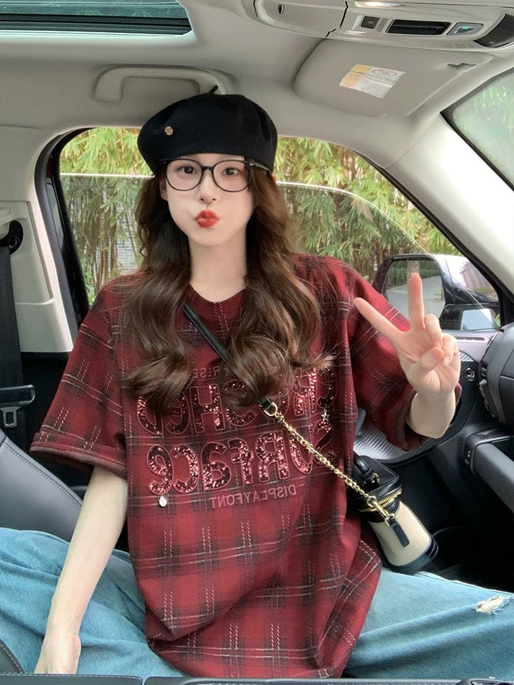 Red plaid sequined letter short-sleeved T-shirt female 2025 new spring and summer sanded thickened American style large version top trend