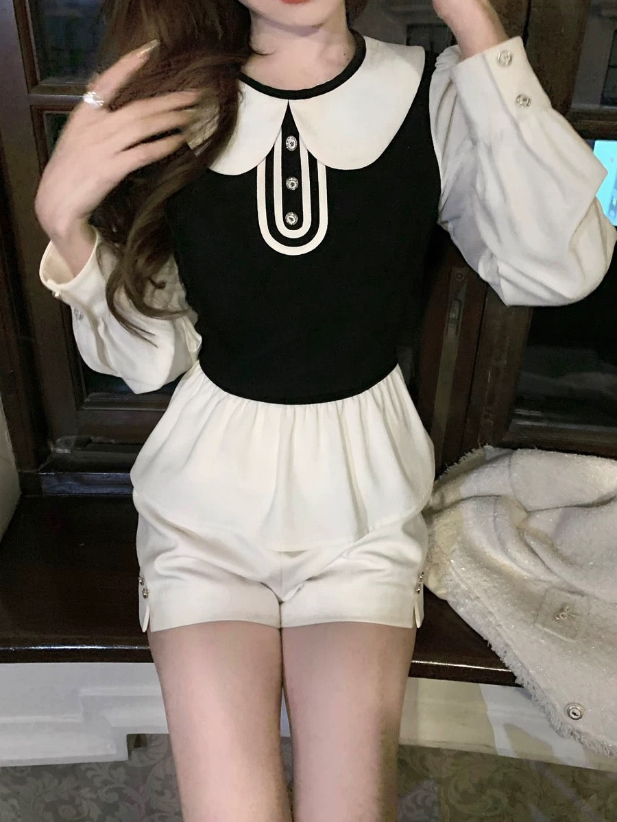 Q Girl's Lady Bird/French Doll Collar Contrast Color Skirt Shirt Women's 2024 Spring New Chic Top