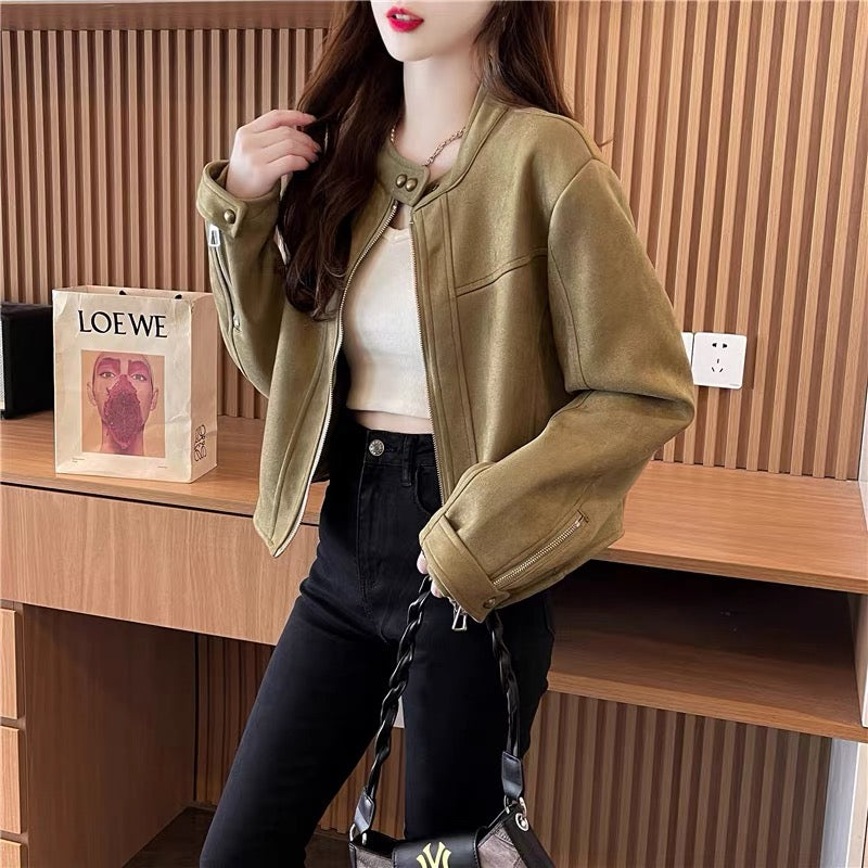Short Short Motorcycle Leather Jacket for Women 2023 Autumn New Retro Fashion Casual Jacket Top (S0516)