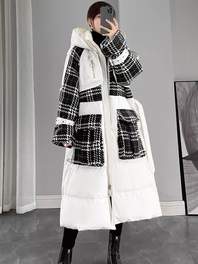 White down jacket for women 2023 new winter women's spliced long over-the-knee white duck down thickened hooded jacket