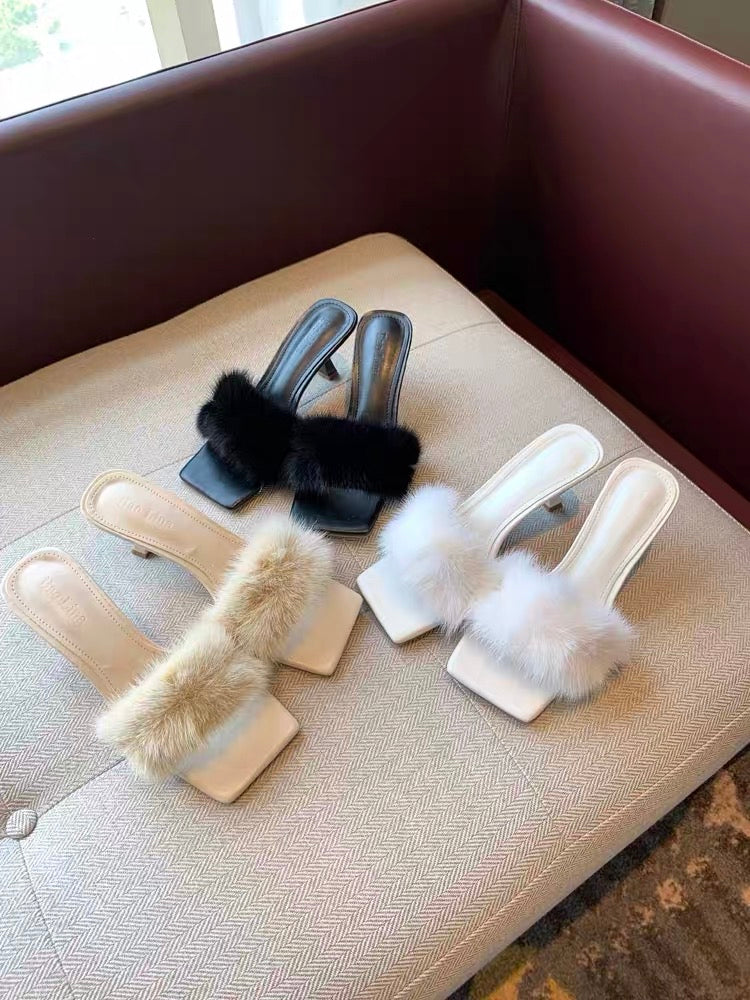 Women's sandals 2023 summer new style European and American style fashionable mink hair sexy temperament stiletto high heel flip flops