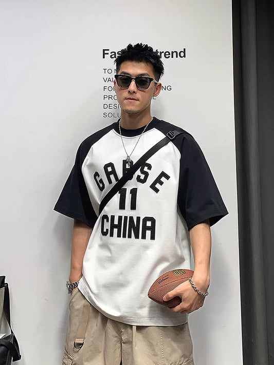Xu Tailang American retro letter printed short-sleeved T-shirt men's trendy brand trend contrast half-sleeved summer fashion T-shirt