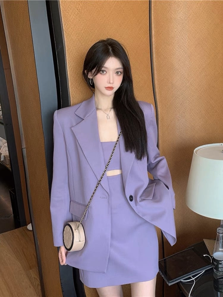 Pure desire style taro purple suit jacket autumn mature style sexy suspender dress women's two-piece suit