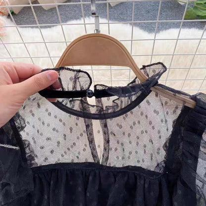 Palace style dress for women sweet fungus lace fairy dress sexy see-through polka dot mesh dress skirt (D0985)