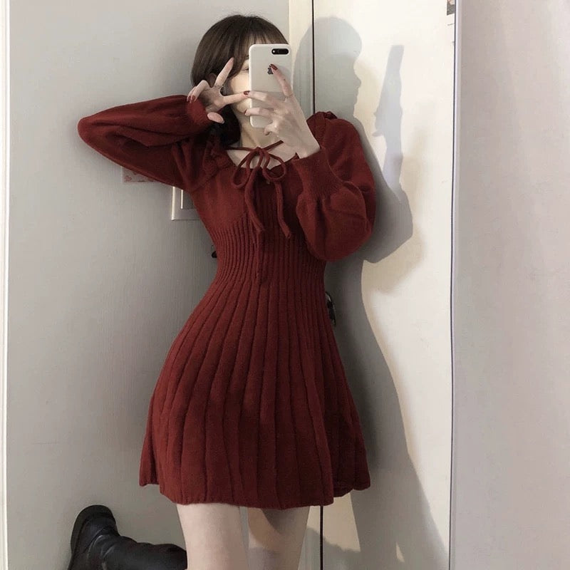 2023 new autumn and winter Christmas red knitted dress for women retro square neck waist mid-length waist skirt