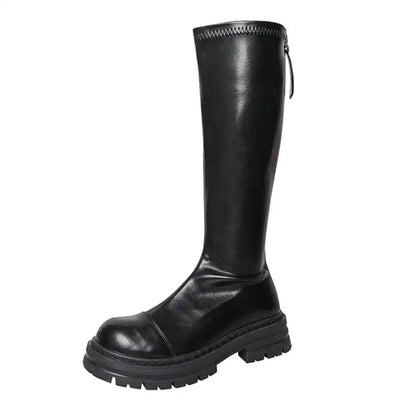 Look slimmer and straighter!  Round toe platform bottom long knight boots women's black all-match elastic high-top knee-high boots