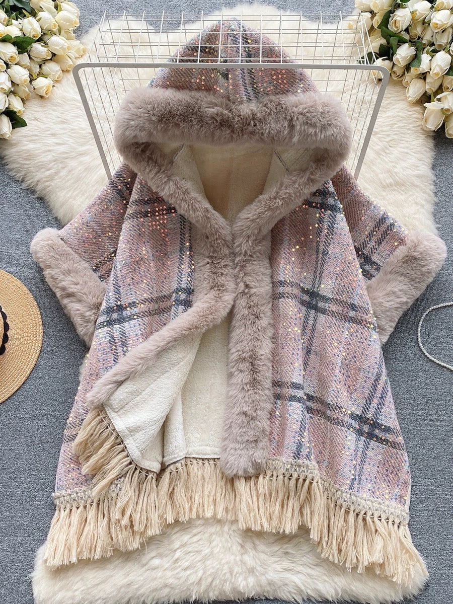 Internet celebrity cape coat for women 2023 new popular winter hooded plaid mid-length velvet thickened shawl coat