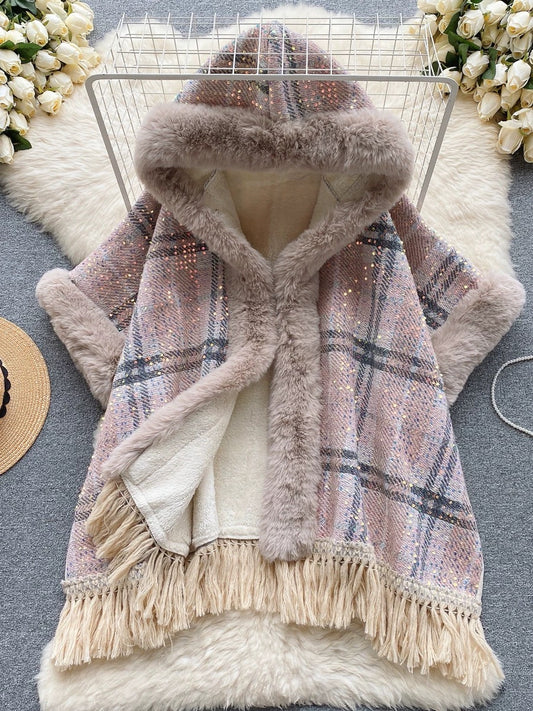 Internet celebrity cape coat for women 2023 new popular winter hooded plaid mid-length velvet thickened shawl coat