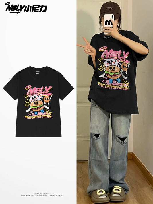 American cartoon cat print round neck short sleeve men and women summer 2025 couple pure cotton t-shirt half sleeve bottoming shirt trend