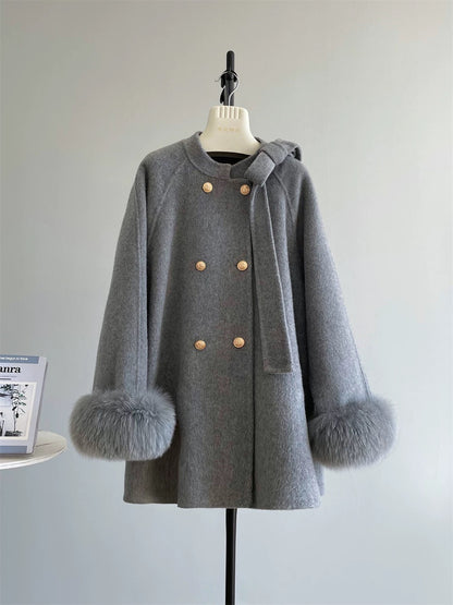 "Girl's Promise" Cape woolen coat female gold button bow double-sided cashmere coat A482
