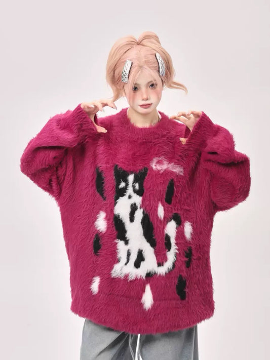 Japanese retro lazy style imitation mink velvet thick loose animal year purple sweater women's autumn and winter new design