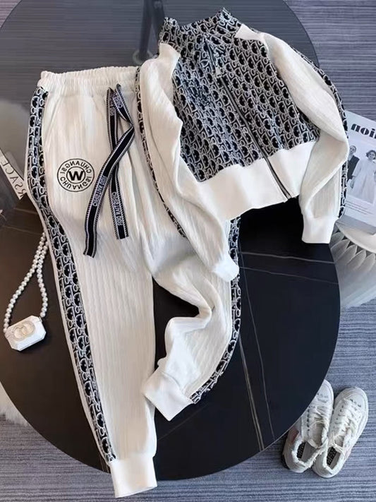 Salt style wear trendy color contrast splicing casual sports suit women's autumn stand collar sweater and trousers two-piece set