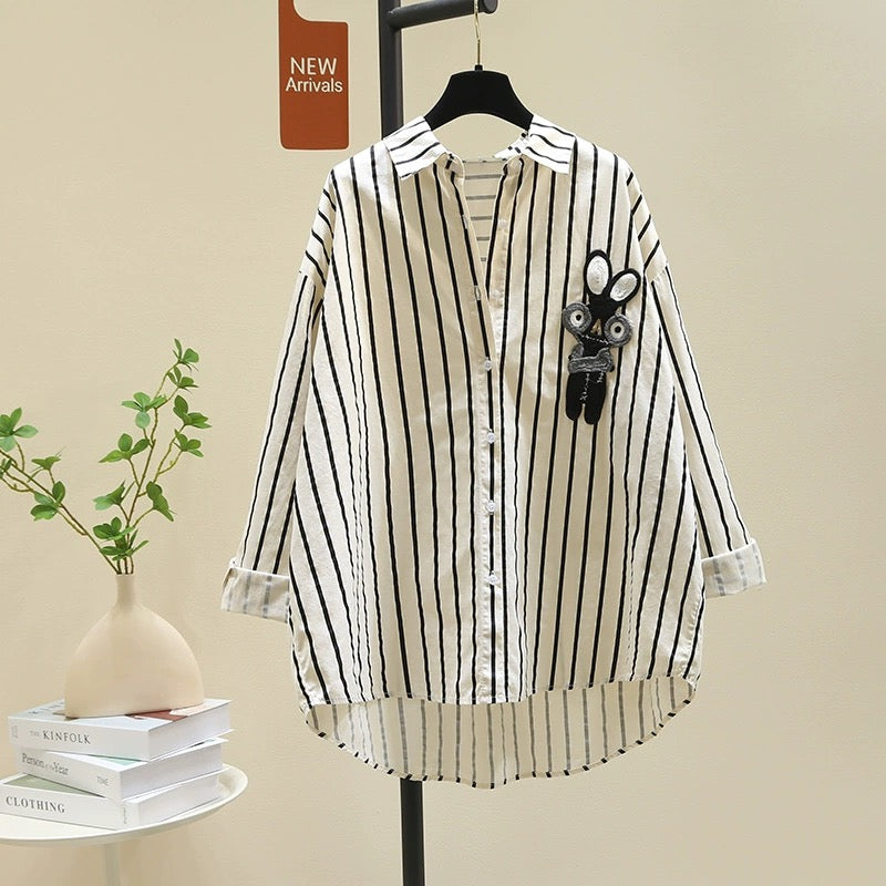 High-end mid-length black striped shirt for women 2024 spring new Korean loose design shirt tops
