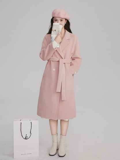 Volstagg pink woolen coat for women autumn and winter Korean waist style high-end mid-length woolen coat