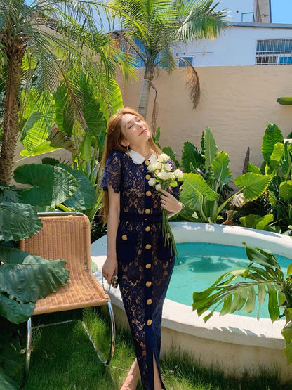 Wealthy daughter's high-end long dress, dark blue, heavy lace, contrasting color, doll collar, elegant temperament, slimming dress (D160)
