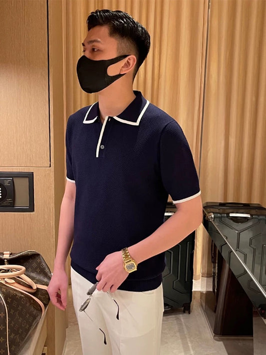 French retro mature style men's lapel T-shirt men's summer new light luxury fashion high-end short-sleeved polo shirt men