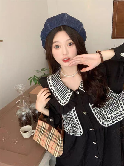 Plus size women's design French shirt to cover belly dress women's spring and autumn street doll collar slim skirt (D0978)