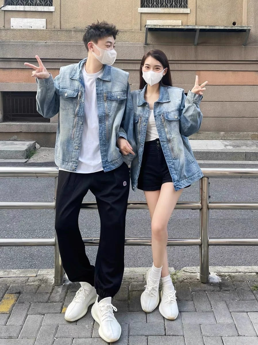 American retro oversize shoulder pad denim jacket men's autumn new high street loose couple jacket top tide