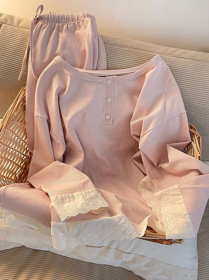 Sin Glee Women's Summer Pink Striped Long-Sleeve Pajama Set – Loose, Casual, and Featuring Sweet Lace Trim