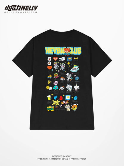 American retro cartoon print short-sleeved T-shirt for men and women tops summer thin street half-sleeved national tee casual T-shirt