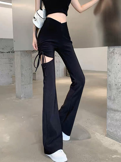 Design niche ripped casual pants for women in autumn new drawstring high waist slim fit flared floor mopping pants (B3911)