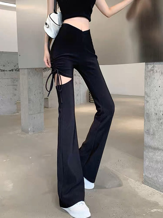 Design niche ripped casual pants for women in autumn new drawstring high waist slim fit flared floor mopping pants (B3911)