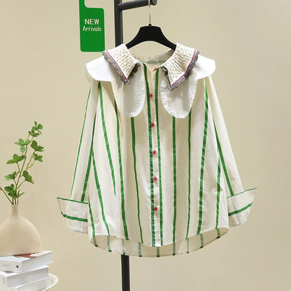 Knitted splicing double-layer doll collar striped shirt women 2024 spring new loose slim shirt age-reducing top