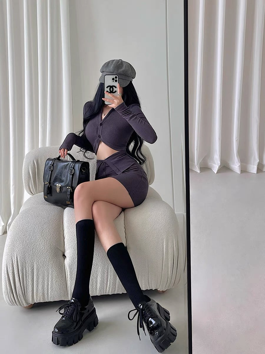 YoungGirlDay hot girl style sexy short long-sleeved cardigan single-breasted cuffed hip-covering short skirt knitted suit (B1816)