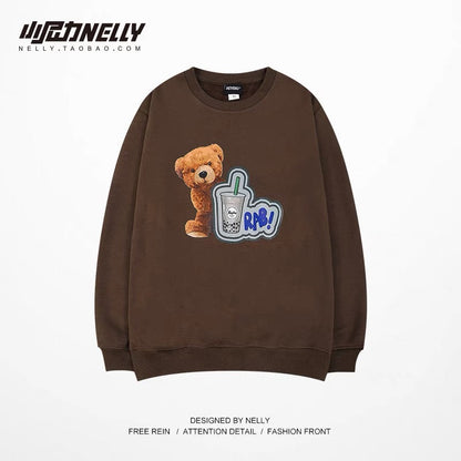 Xiaonili ins fashionable lazy loose brown bear sweatshirt oversize men and women 2023 autumn and winter new bf (N0932)