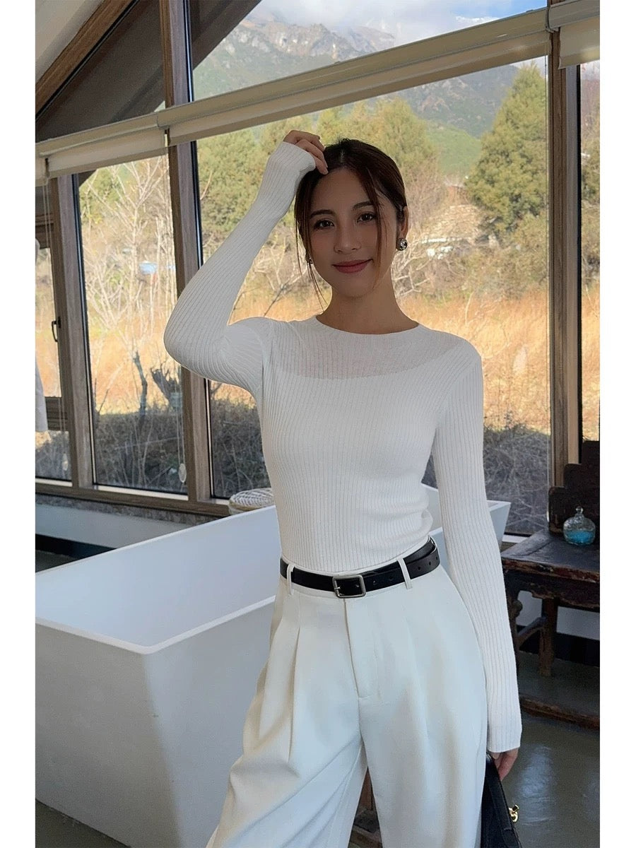 NEVA HU black slim fitting sweater tops for women 2024 spring new