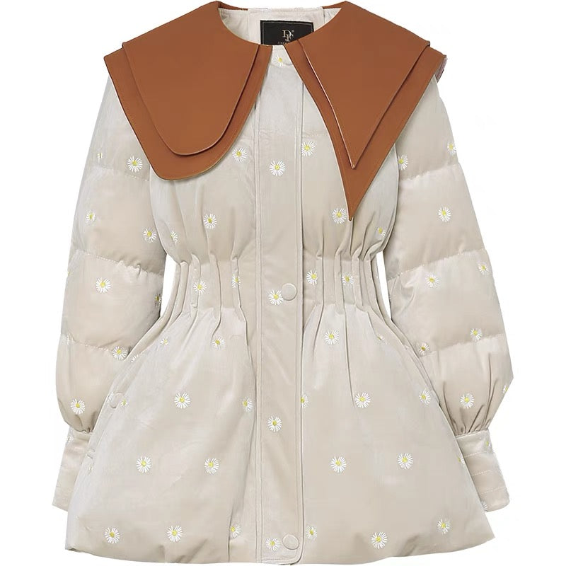 Winter 2023 new women's large lapel velvet embroidered waist mid-length thickened white duck down jacket