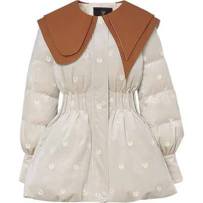 Winter 2023 new women's large lapel velvet embroidered waist mid-length thickened white duck down jacket