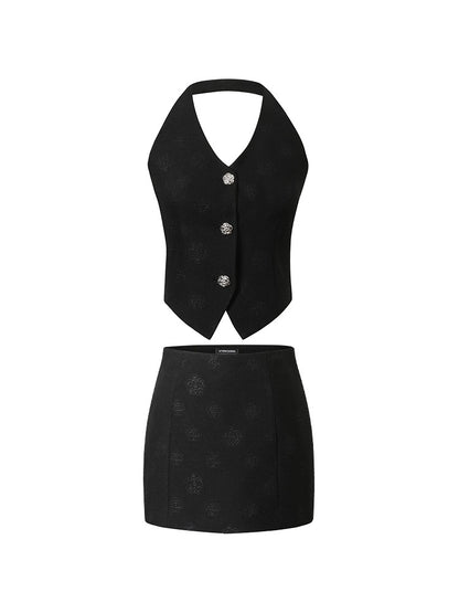 Underpass original retro modern black print slim halter vest short hip skirt suit