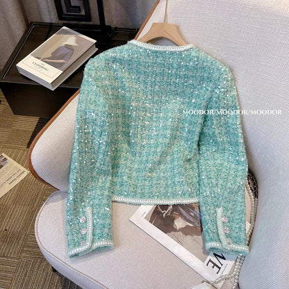Green small fragrant wind tweed coat female autumn small temperament celebrity goddess fan sequin short top autumn
