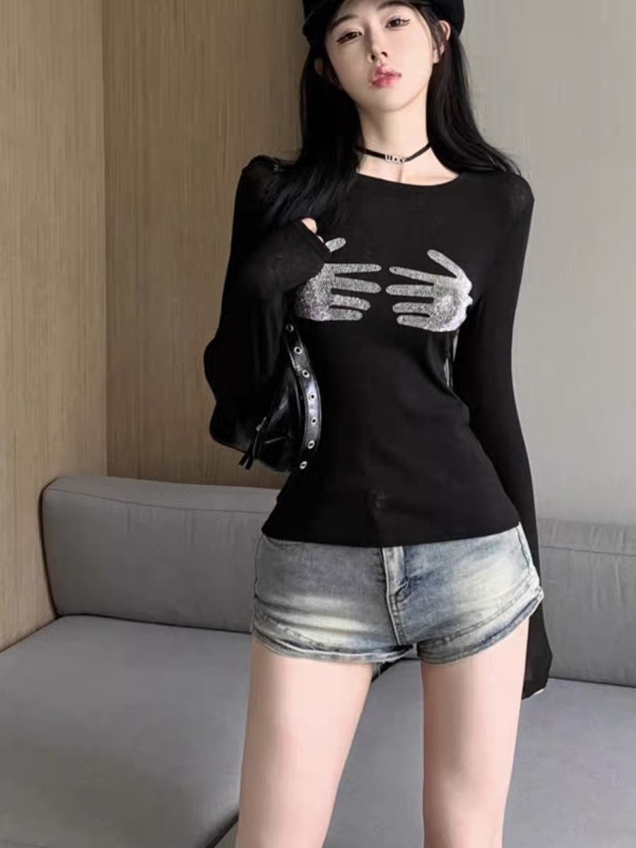 European and American long-sleeved T-shirts for women, autumn wear, temperament, heavy industry, hot diamonds, slimming, slightly see-through, short hot girl tops, black bottoming shirts