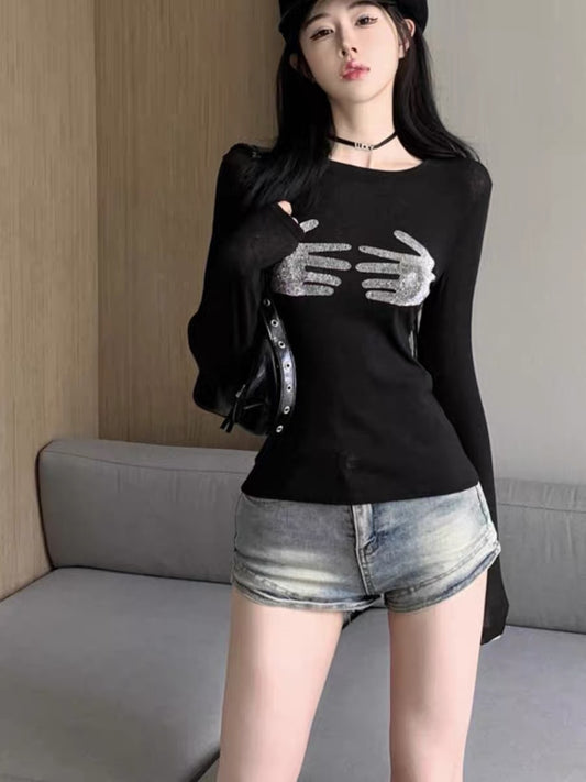 European and American long-sleeved T-shirts for women, autumn wear, temperament, heavy industry, hot diamonds, slimming, slightly see-through, short hot girl tops, black bottoming shirts