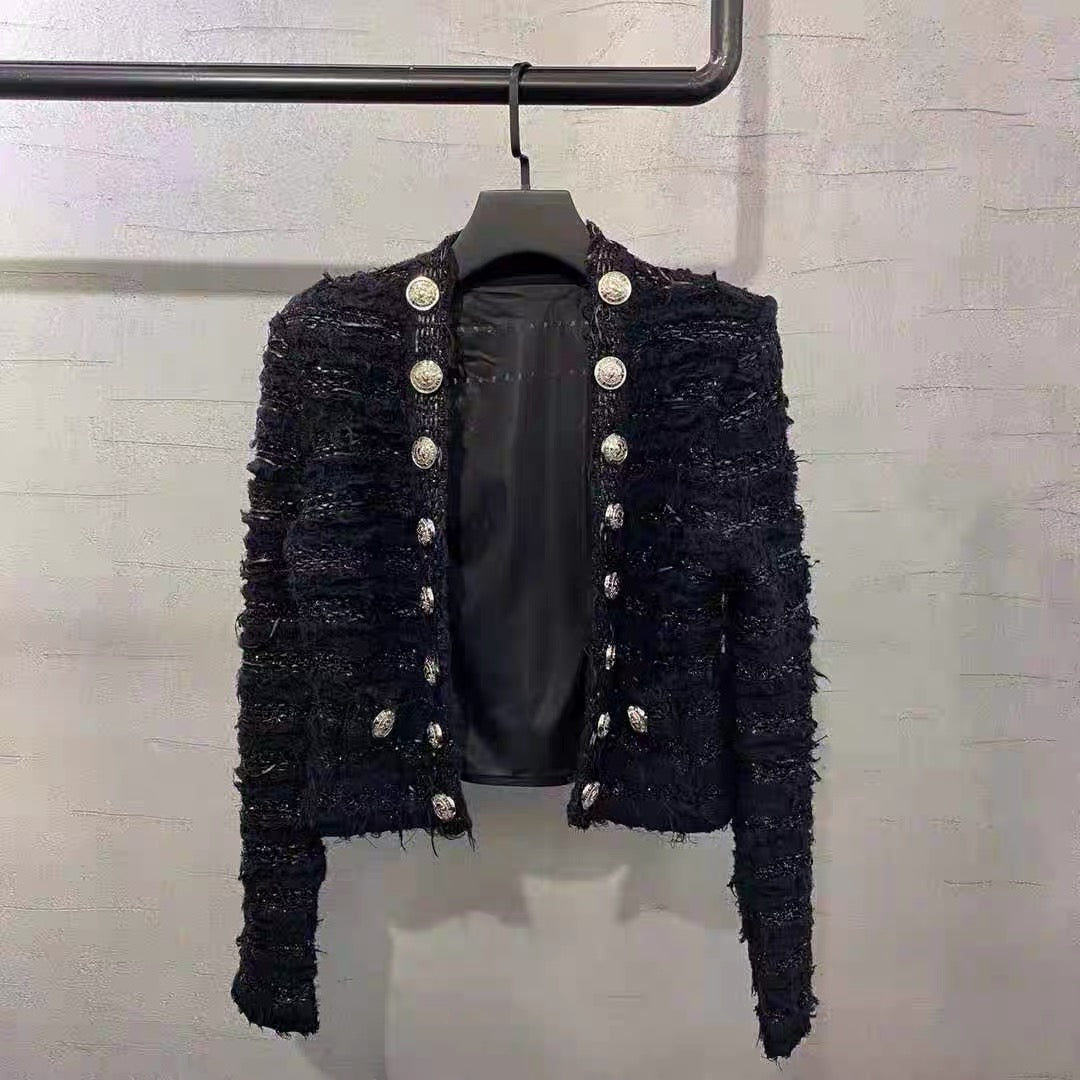 European Station Autumn and Winter New Style Slim Fit Socialite Double-row Metal Button Tassel Jacquard Braided Knitted Short Jacket for Women