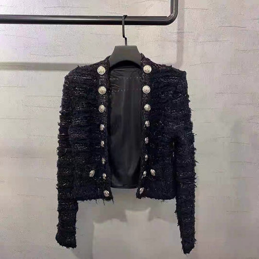 European Station Autumn and Winter New Style Slim Fit Socialite Double-row Metal Button Tassel Jacquard Braided Knitted Short Jacket for Women