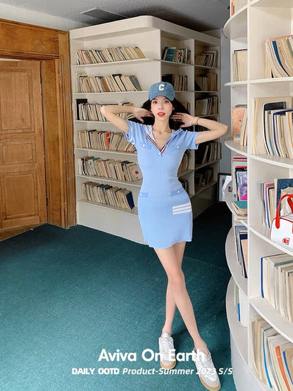 [Earth Store] Blue and white striped hooded pit strip knitted fragrant dress for women summer thin slimming hip skirt (S0864)