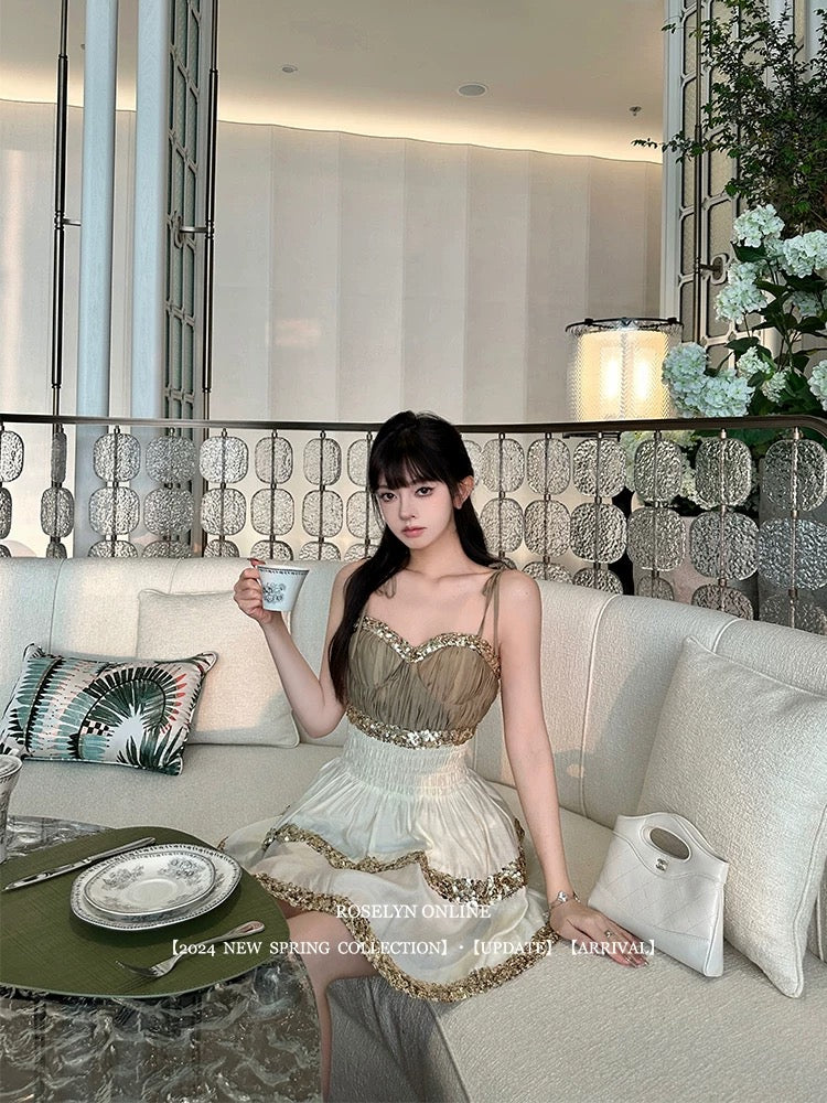 Roselyn [Galaxy Scattered] Heavy Hand-sewn Sequined Waisted Suspender Dress Women's High-end Tutu Skirt