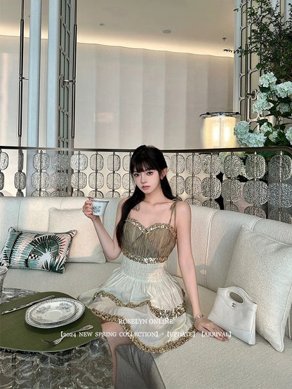 Roselyn [Galaxy Scattered] Heavy Hand-sewn Sequined Waisted Suspender Dress Women's High-end Tutu Skirt
